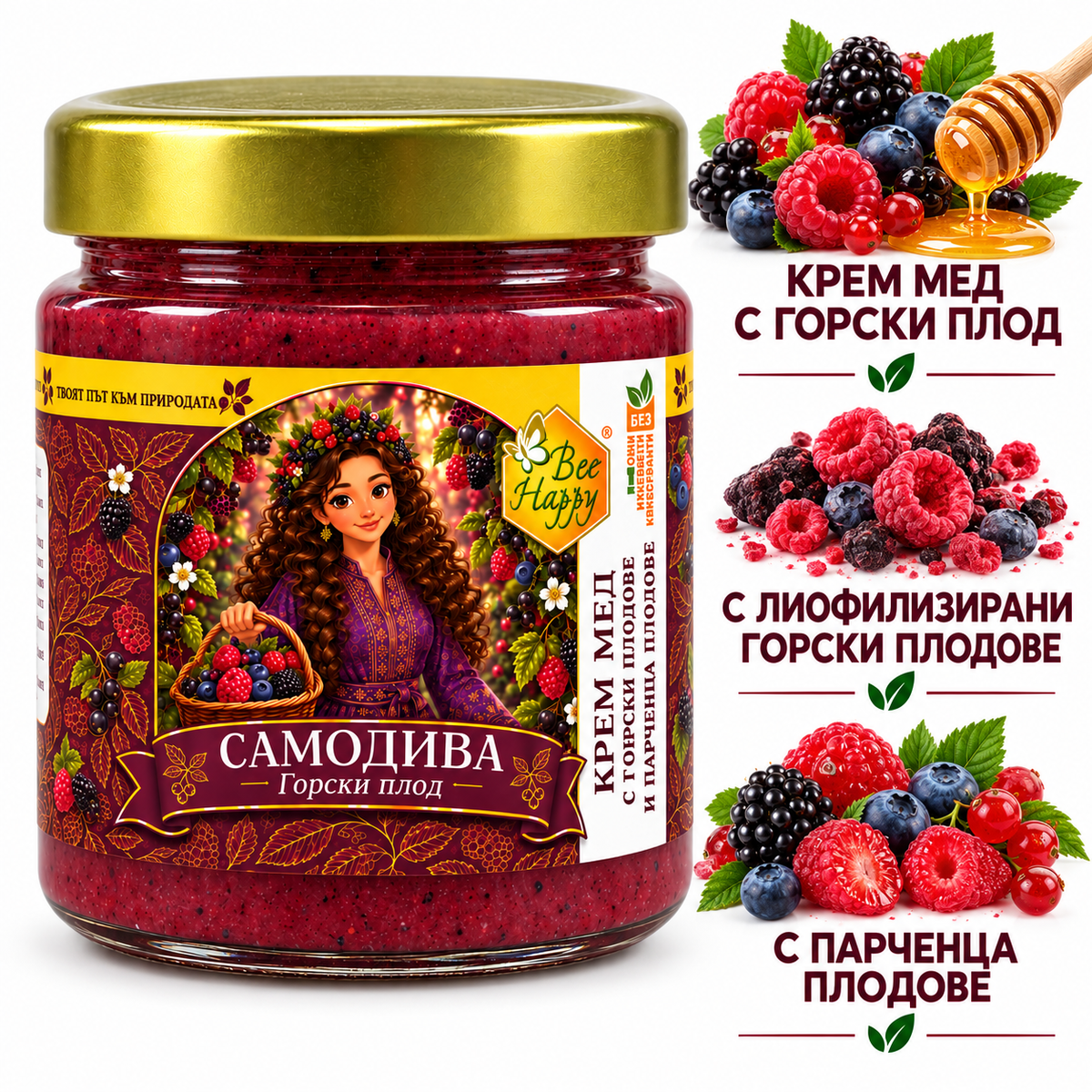 Крем мед с горски плодове, с лиофилизирани плодове и парченца