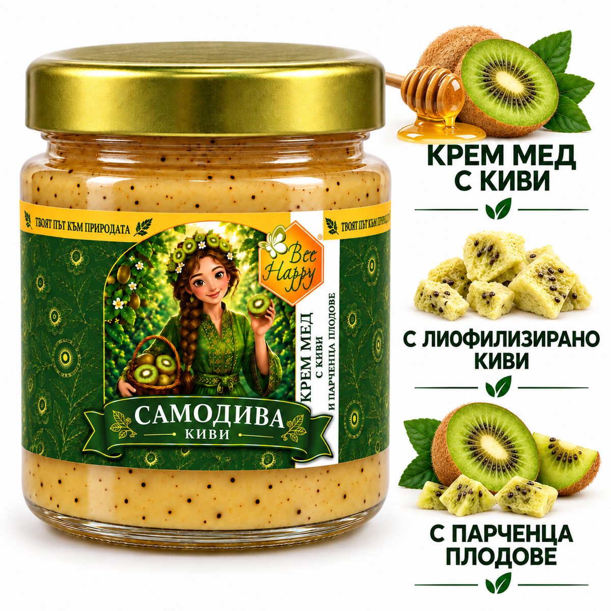 Крем мед с киви, с лиофилизирано киви и парченца плодове