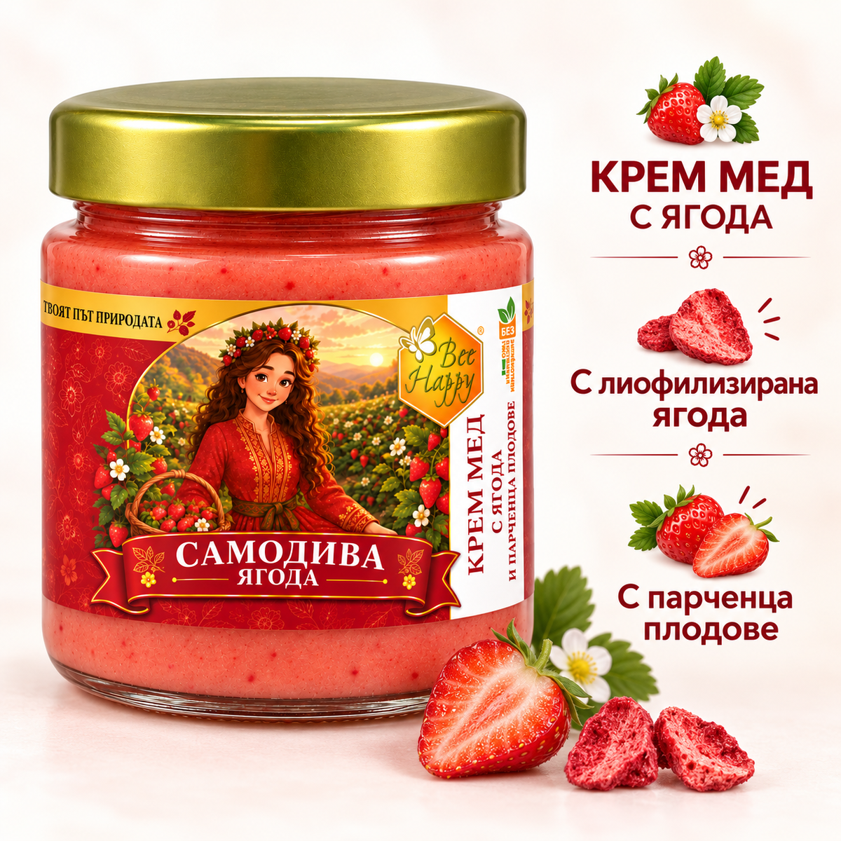 Крем мед с ягода, с лиофилизирана ягода и парченца плодове