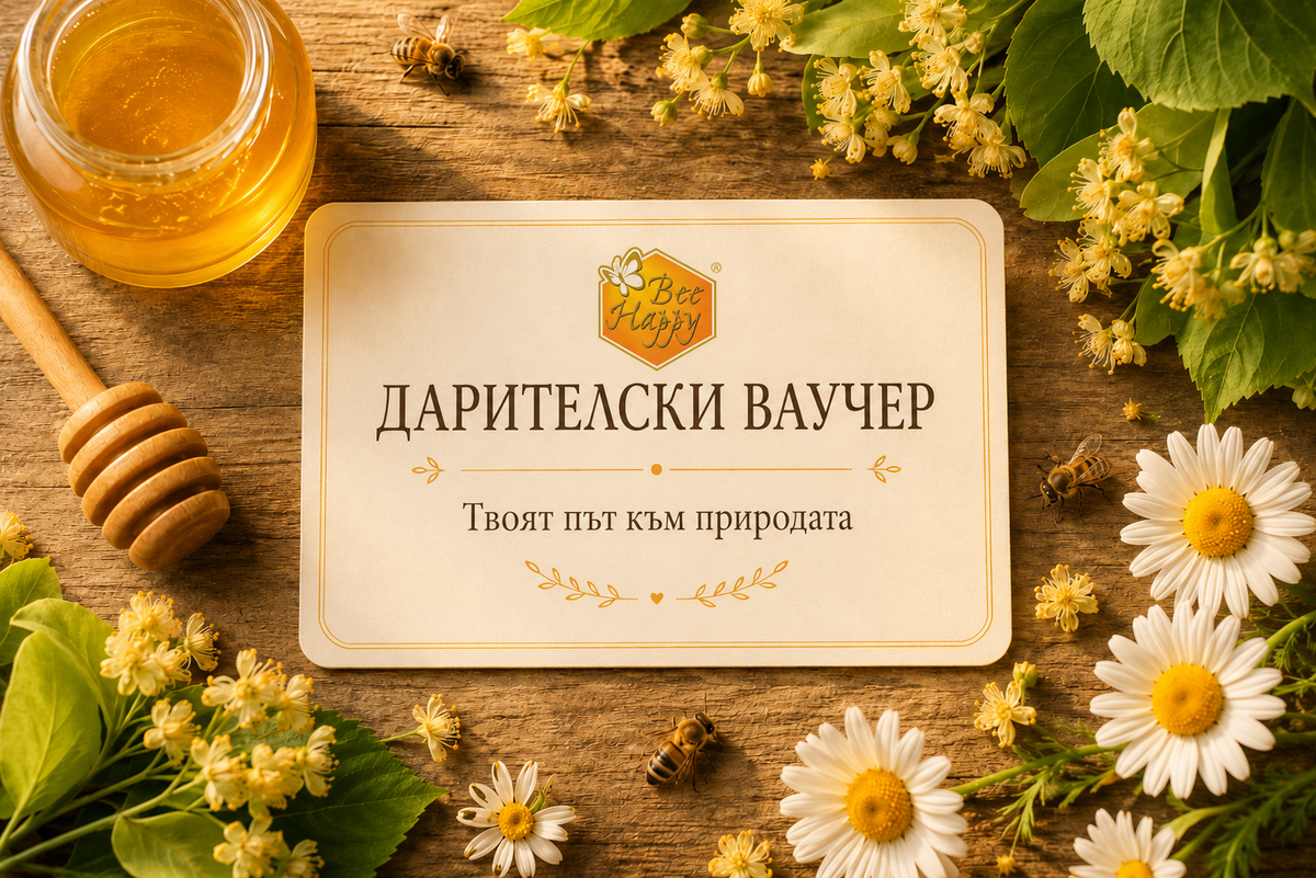 Дарителски ваучер с логото на BeeHappy върху дървена маса с мед и липов цвят